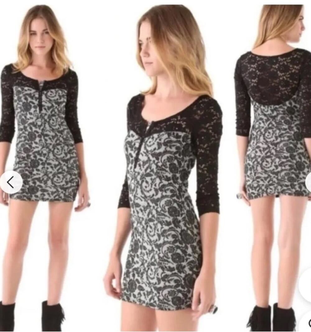Free People Love You to Piece Black White Lace Sleeves Corset Top Mini Dress XS